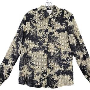 Expose Black Gold Shirt Preppy Floral Long Sleeves Button Up Womens Size L Top